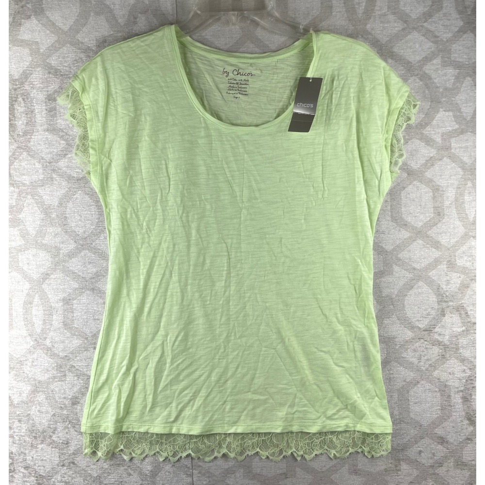 Chico's Slub Knit Lace Trim Tee Women Size 0 Small Lime Green NWT Cotton Modal